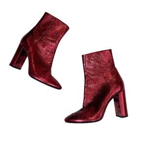 Saint Laurent | YSL Lou Crackled Metallic Red Leather Designer Heeled Boots 37